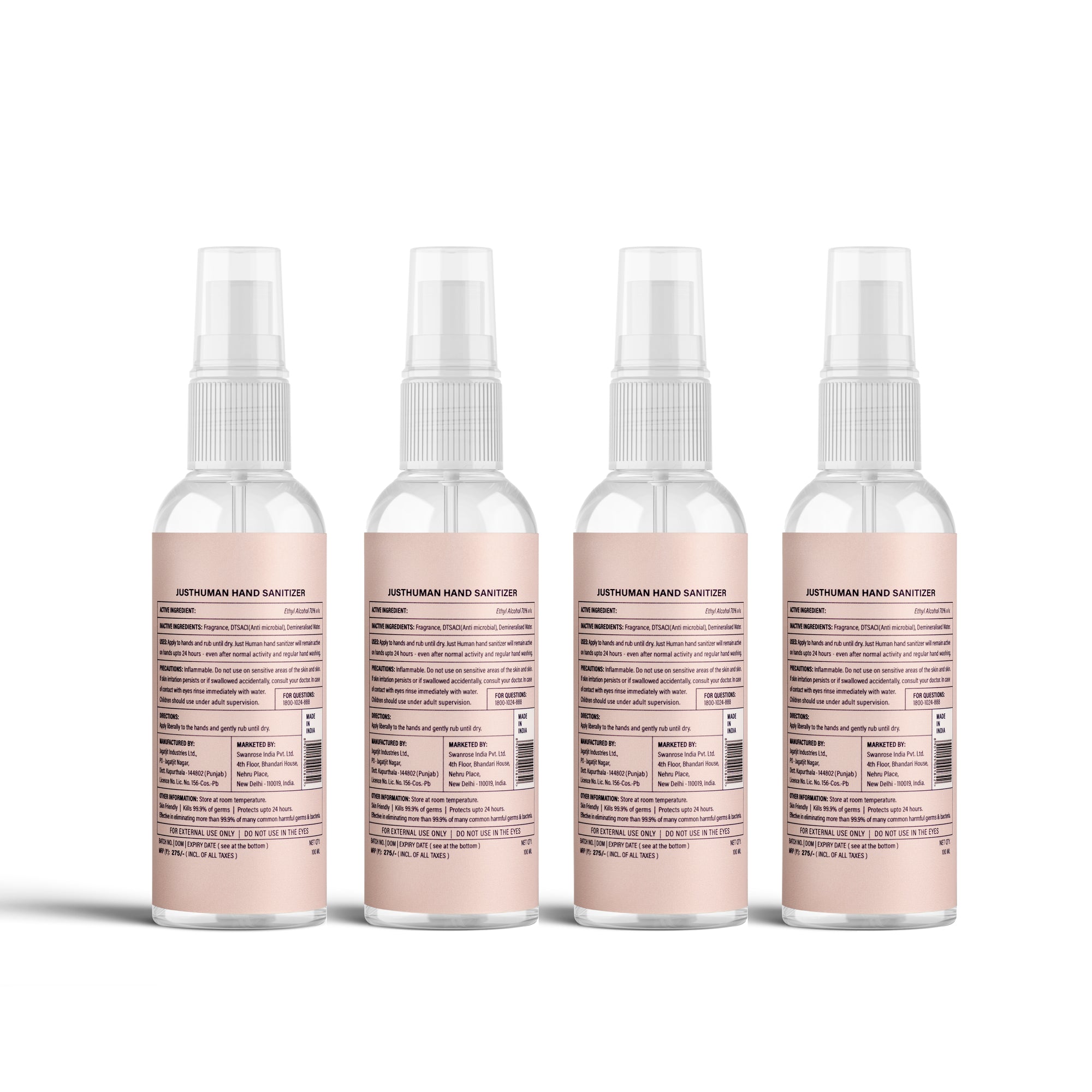 Justhuman 24 Hour Protection Hand Sanitizer - 100ml (Pack of 4)