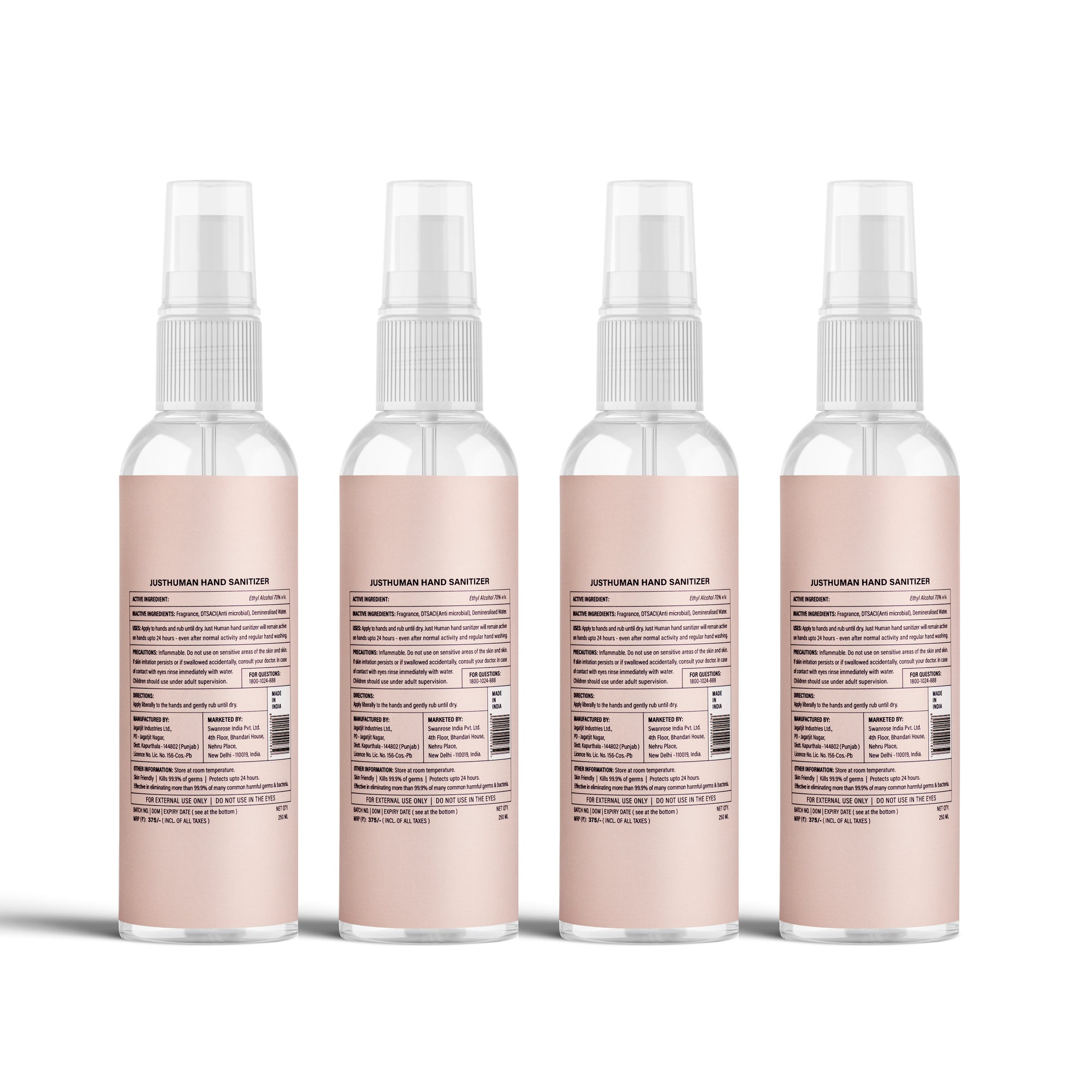 Just Human 24 Hour Protection Hand Sanitizer - 250 ML (Pack of 4)