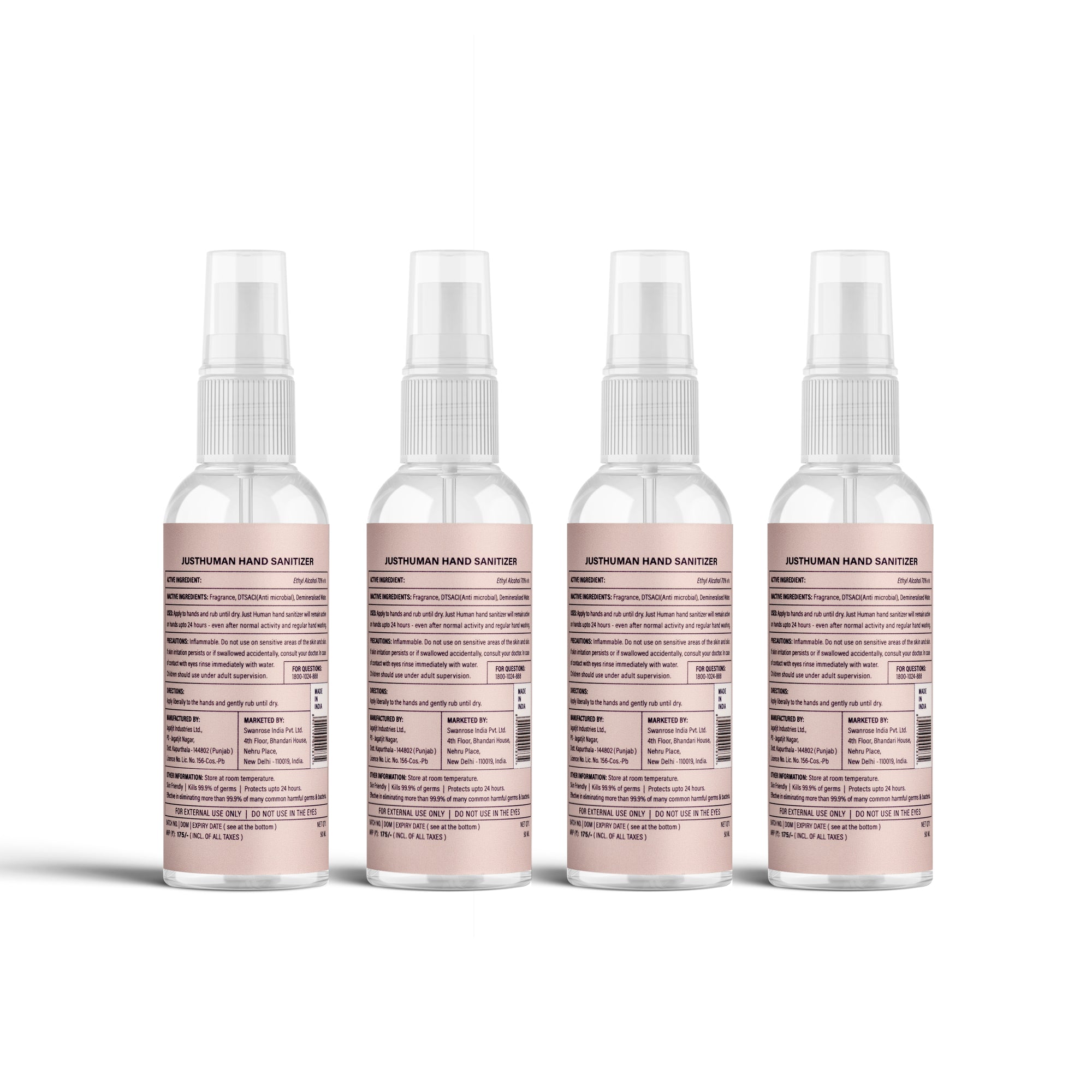 Justhuman 24 Hour Protection Hand Sanitizer - 50 ML (Pack of 4)