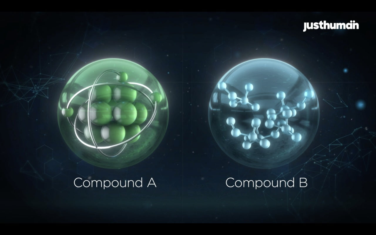 Two molecular structures, Compound A (green) and Compound B (blue), side by side